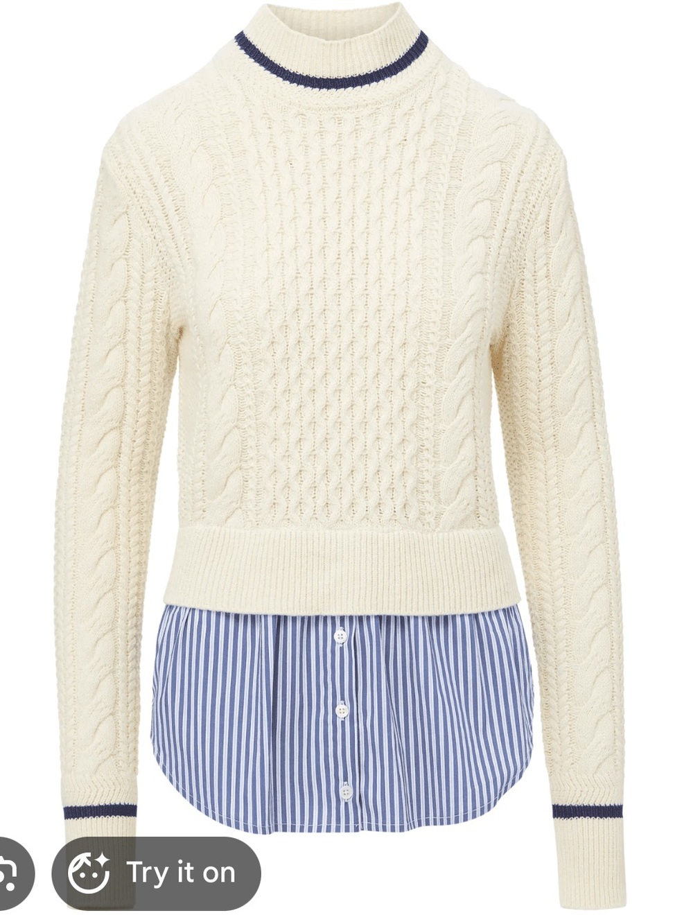 Veronica Beard Ivory Cable-Knit Crew Sweater with Navy Trim
